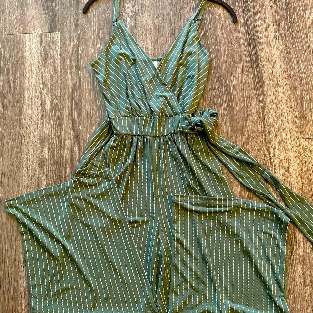 Kaileigh Green and white striped jumpsuit